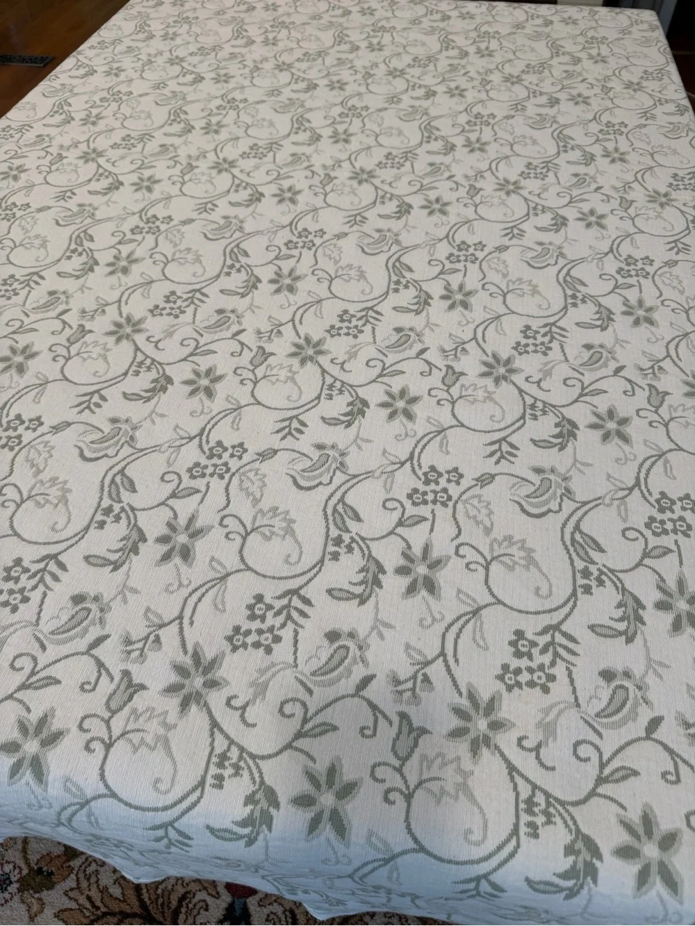 Floral Vine Jacquard Tablecloth sage green white reversible 83” x64” cotton blnd